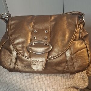 Gucci Bronze Metallic Leather Shoulder Bag with Buckle Detail
